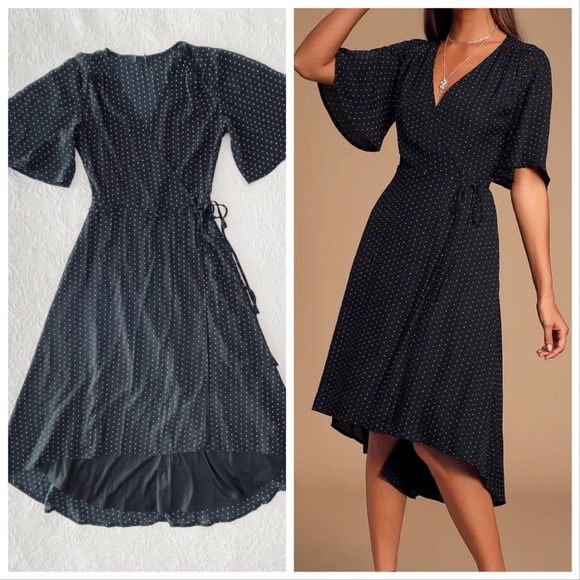 NWOT Lulus Farah Black Print Midi Wrap Dress Medium - Picture 1 of 5